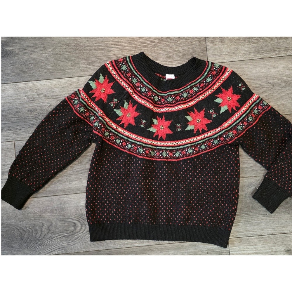 Holiday Time Women L 12-14 Sweater Black Poinsettia Fair Isle Metallic Knit